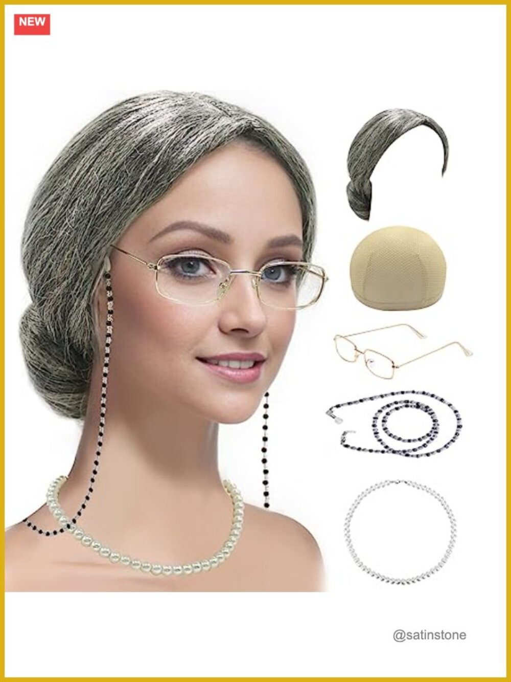 Old Lady Costume Set: Granny Wig, Glasses, Chain, Pearl Necklace, Cap